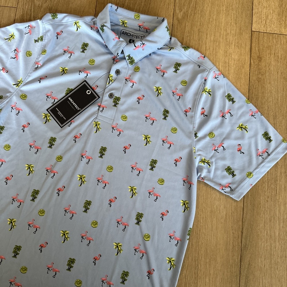 Architect Men's S/S Polo Shirt Palm Trees Flamingos Tropical Stretch Blue Small